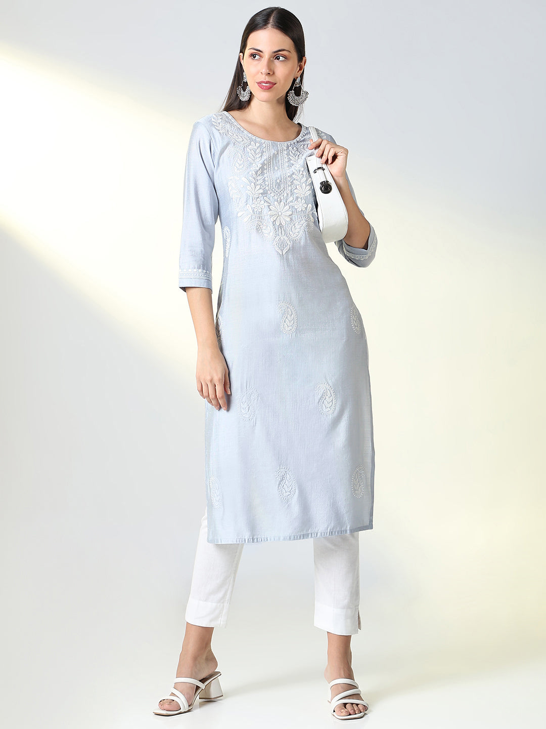 Women's Grey Floral Straight Kurta