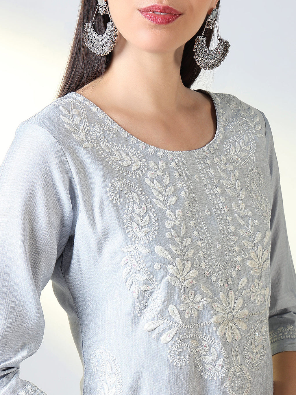 Women's Grey Floral Straight Kurta