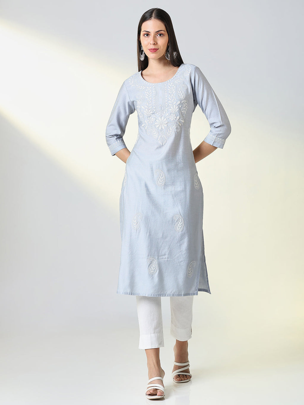 Women's Grey Floral Straight Kurta