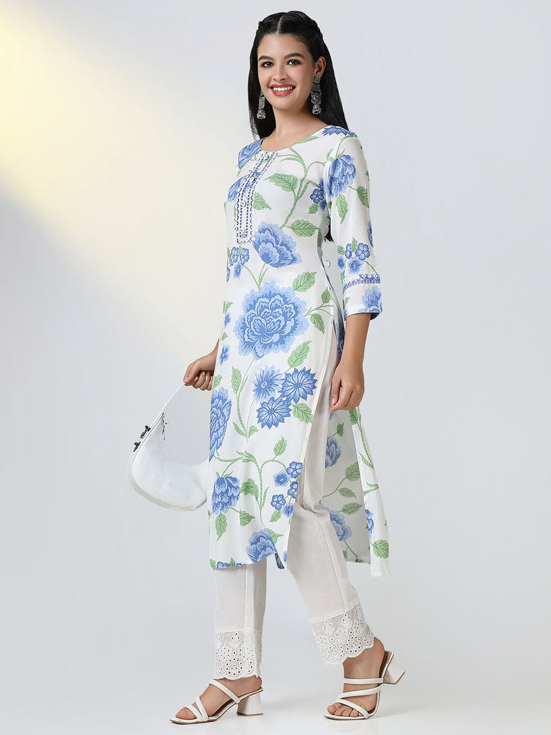 Women's Blue Floral Straight Kurta