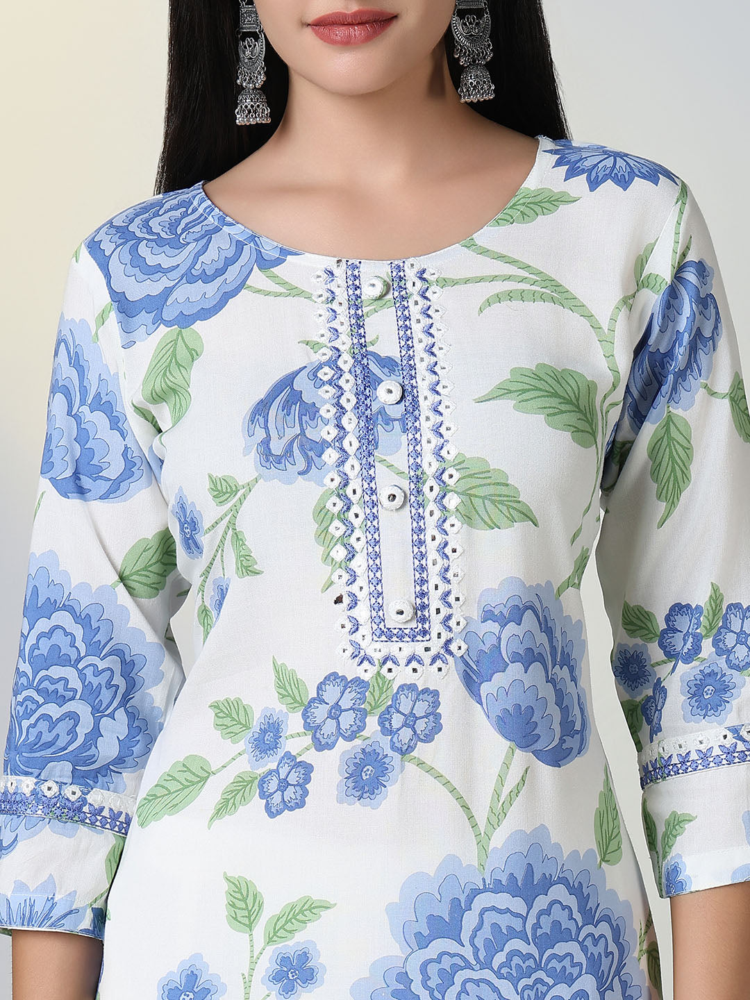 Women's Blue Floral Straight Kurta