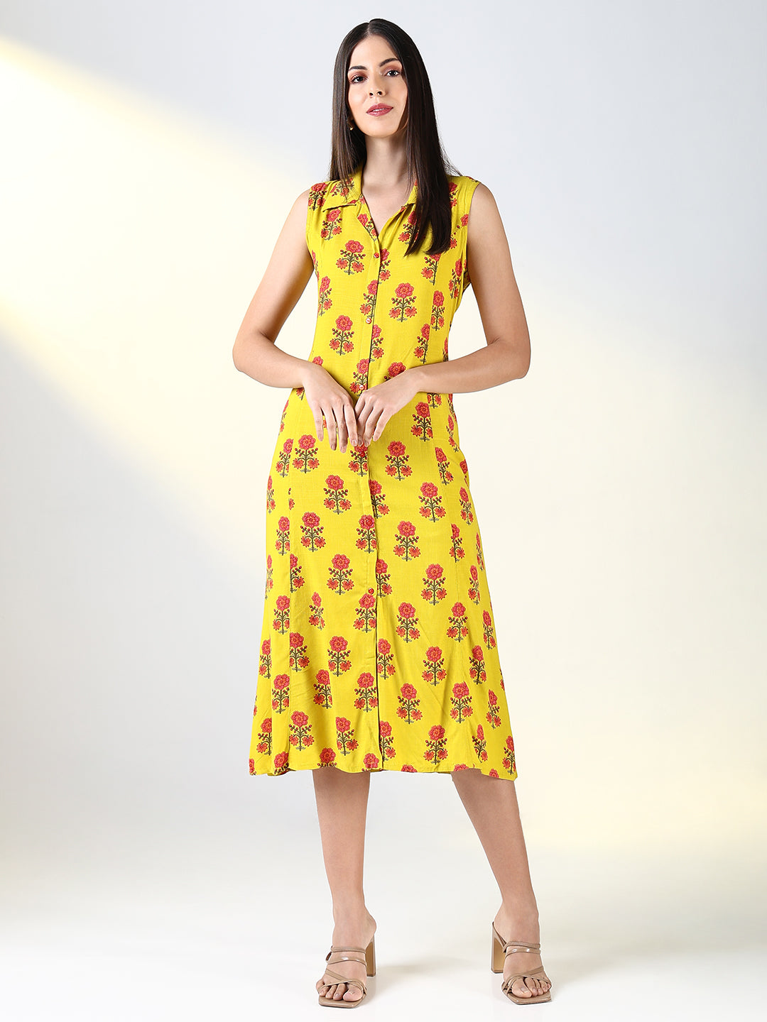 Women's Yellow Floral A Line Dress