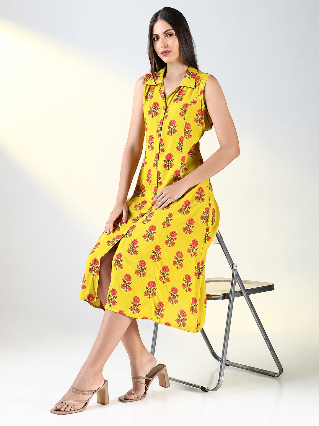 Women's Yellow Floral A Line Dress