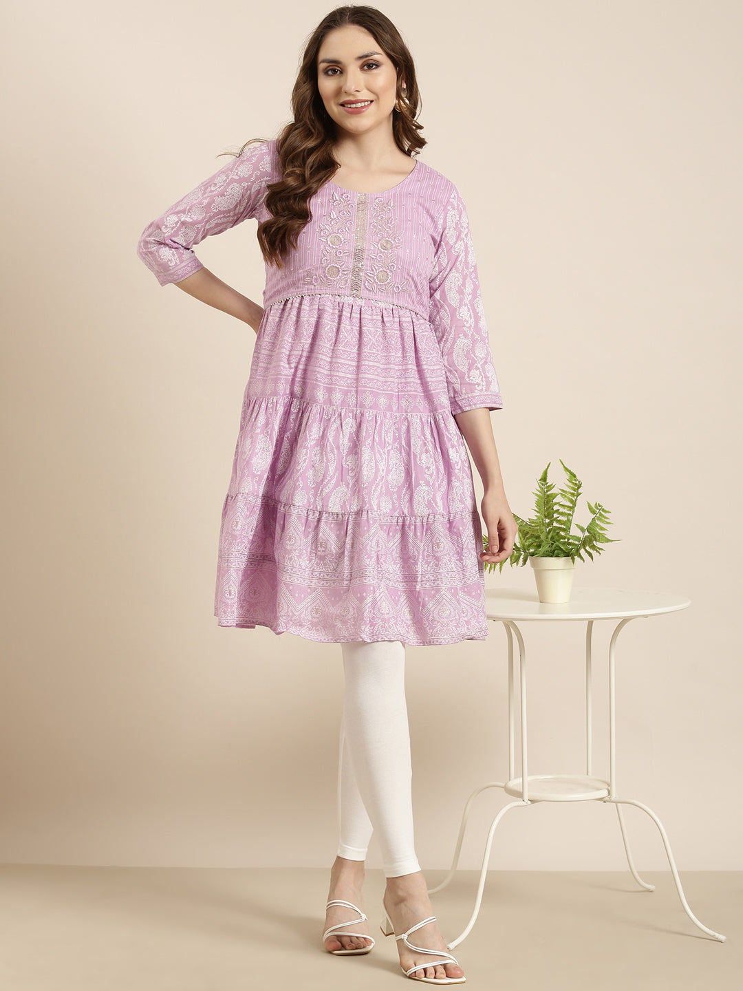 Women's A-Line Lavender Ethnic Motifs Kurta