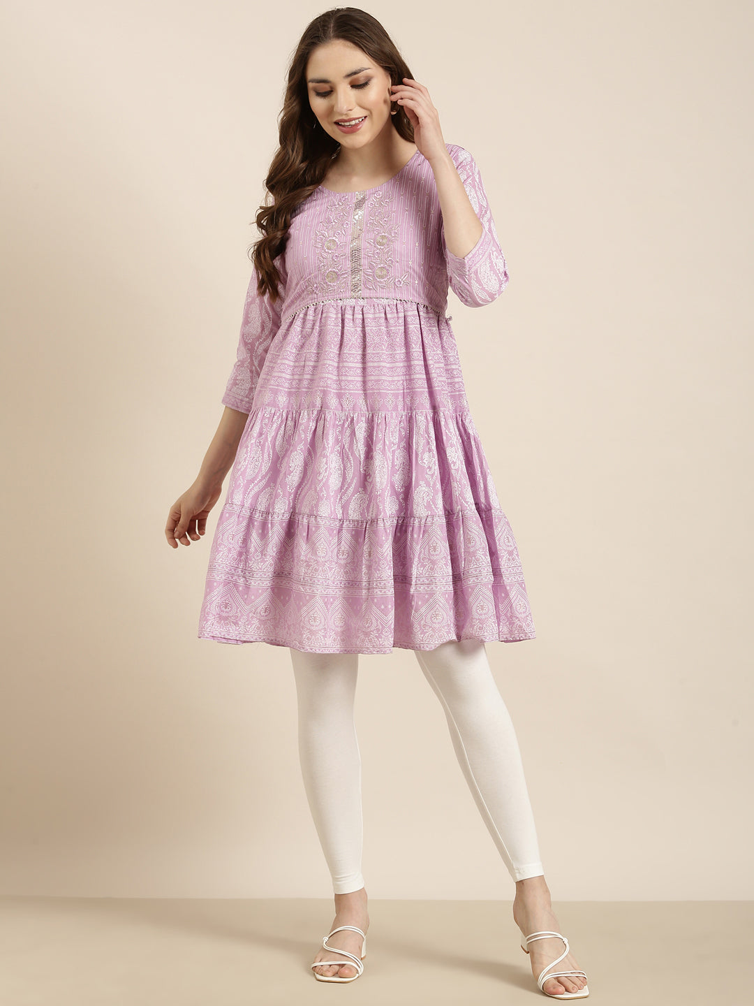 Women's A-Line Lavender Ethnic Motifs Kurta