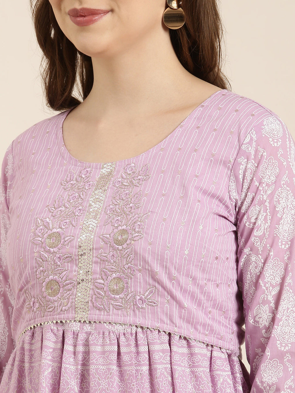 Women's A-Line Lavender Ethnic Motifs Kurta