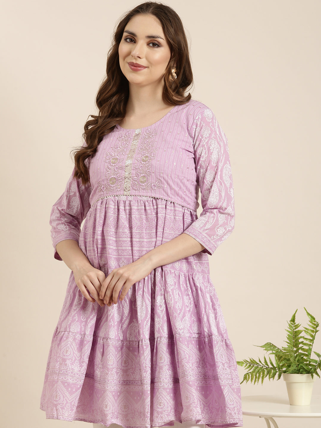 Women's A-Line Lavender Ethnic Motifs Kurta