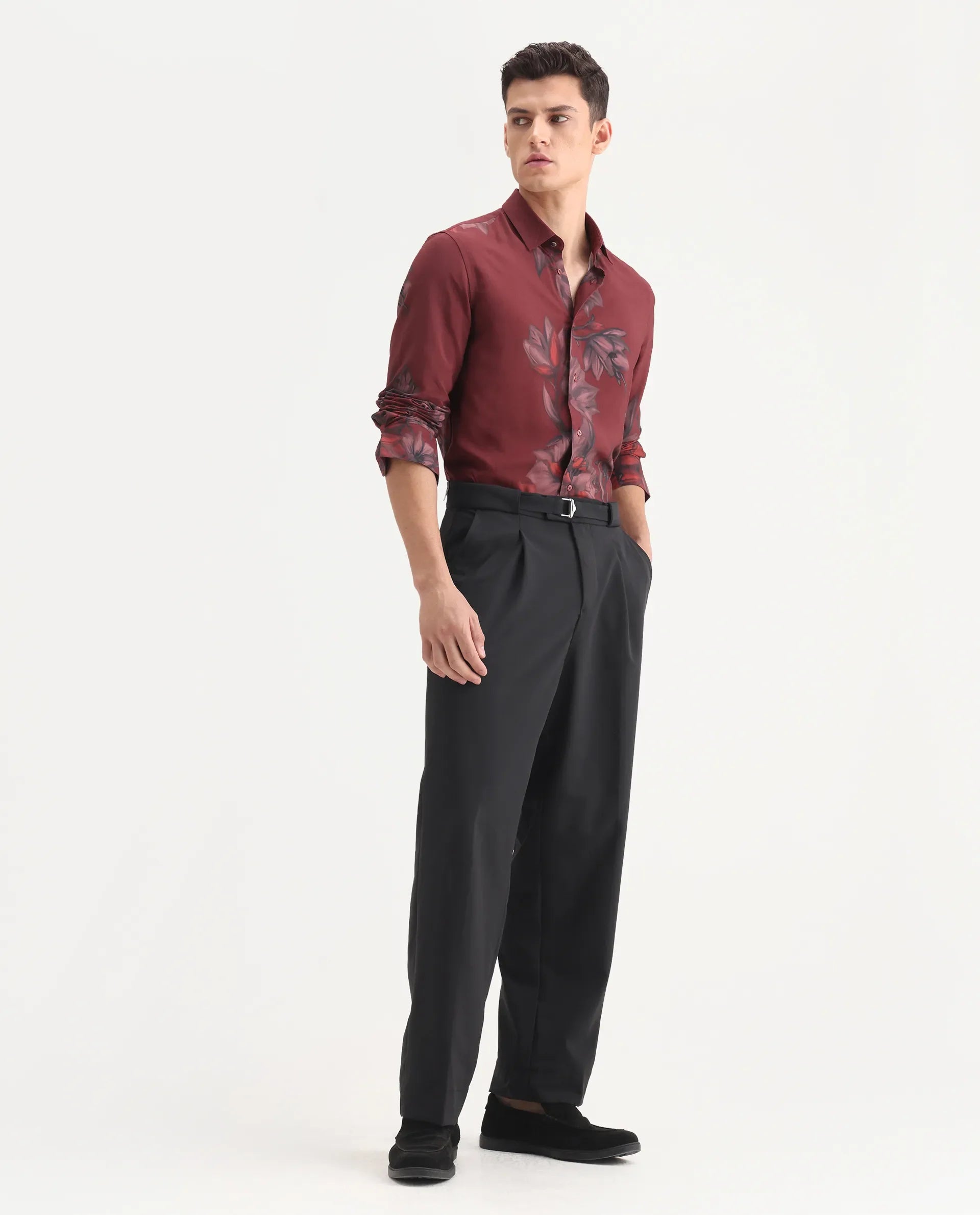 Rare Rabbit Men's Axie Black Cotton Blend Plain Wide Leg Trouser