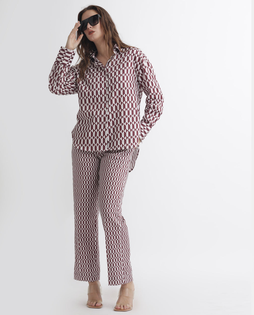 Rareism Women's Azsure-B Light Brown Cotton Geometric Print Ankle Length Tailored Trouser