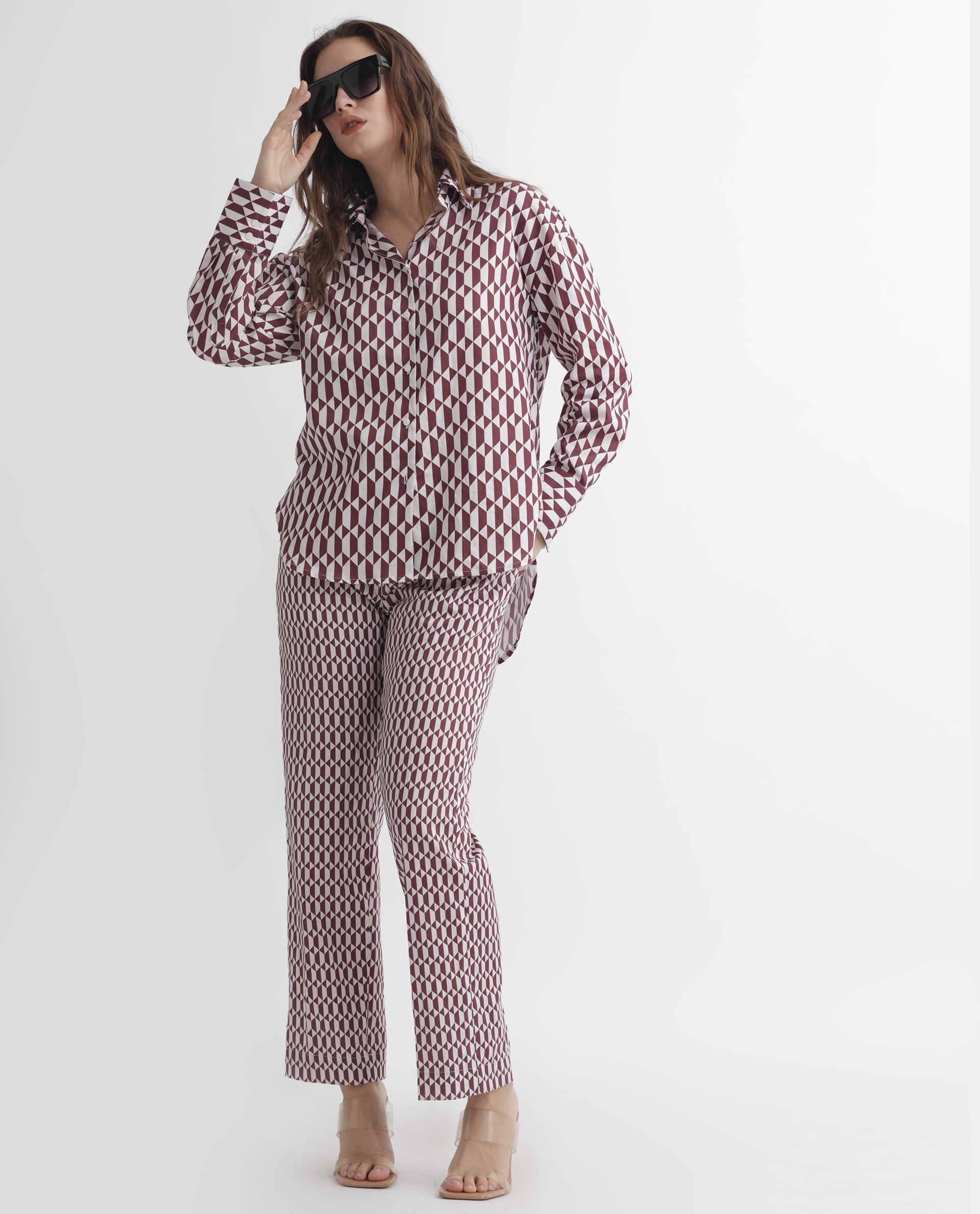 Rareism Women's Azsure-B Light Brown Cotton Geometric Print Ankle Length Tailored Trouser