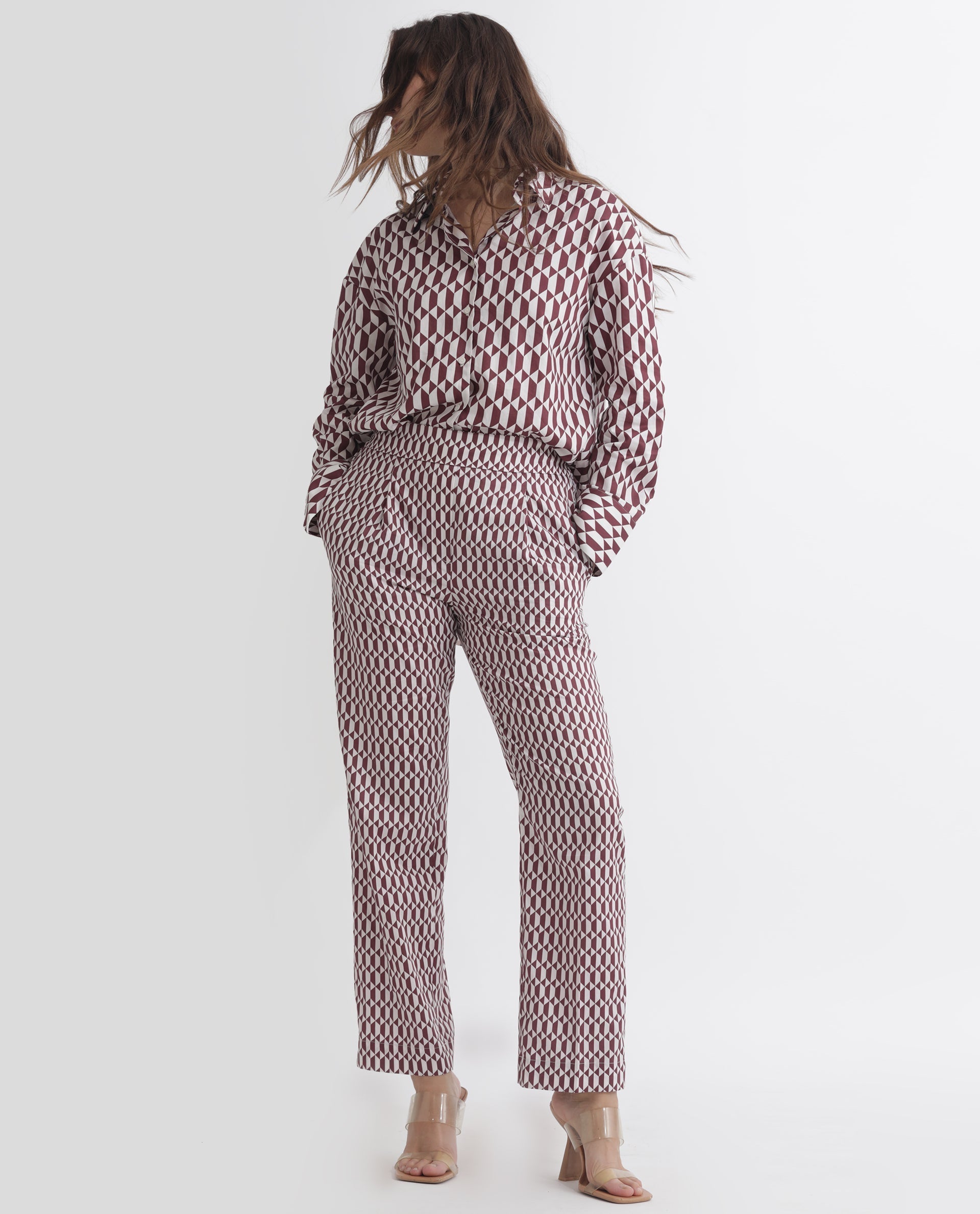Rareism Women's Azsure-B Light Brown Cotton Geometric Print Ankle Length Tailored Trouser