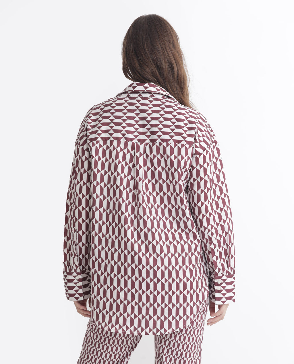 Rareism Women's Azsure-T Light Brown Cotton Spread Collar Geometric Print Cuffed Sleeve Regular Fit Top