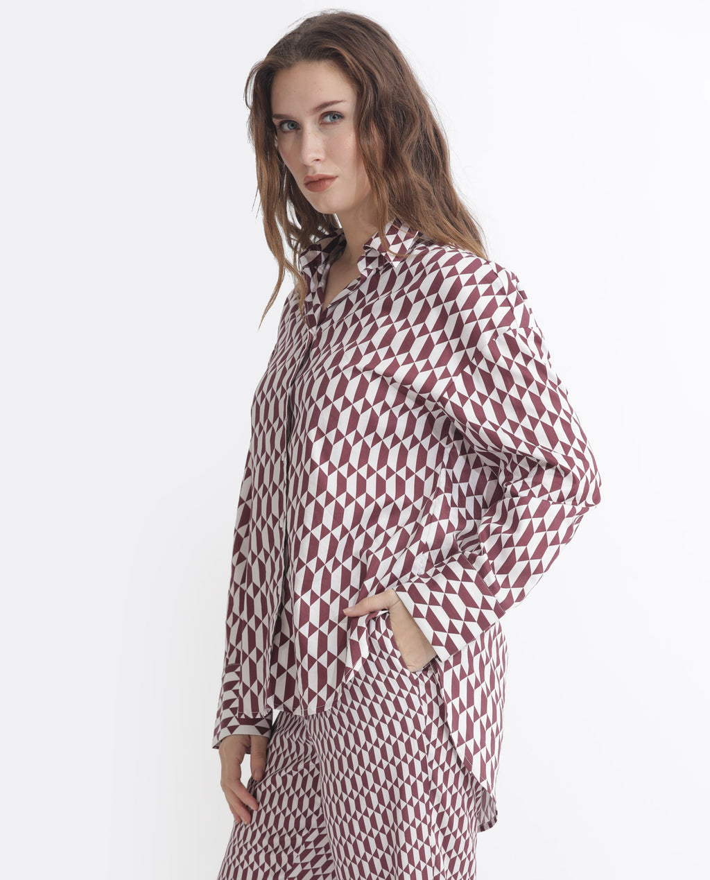 Rareism Women's Azsure-T Light Brown Cotton Spread Collar Geometric Print Cuffed Sleeve Regular Fit Top
