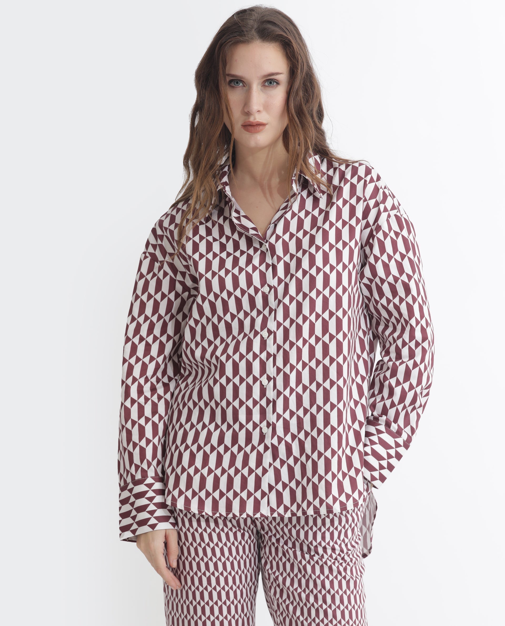 Rareism Women's Azsure-T Light Brown Cotton Spread Collar Geometric Print Cuffed Sleeve Regular Fit Top