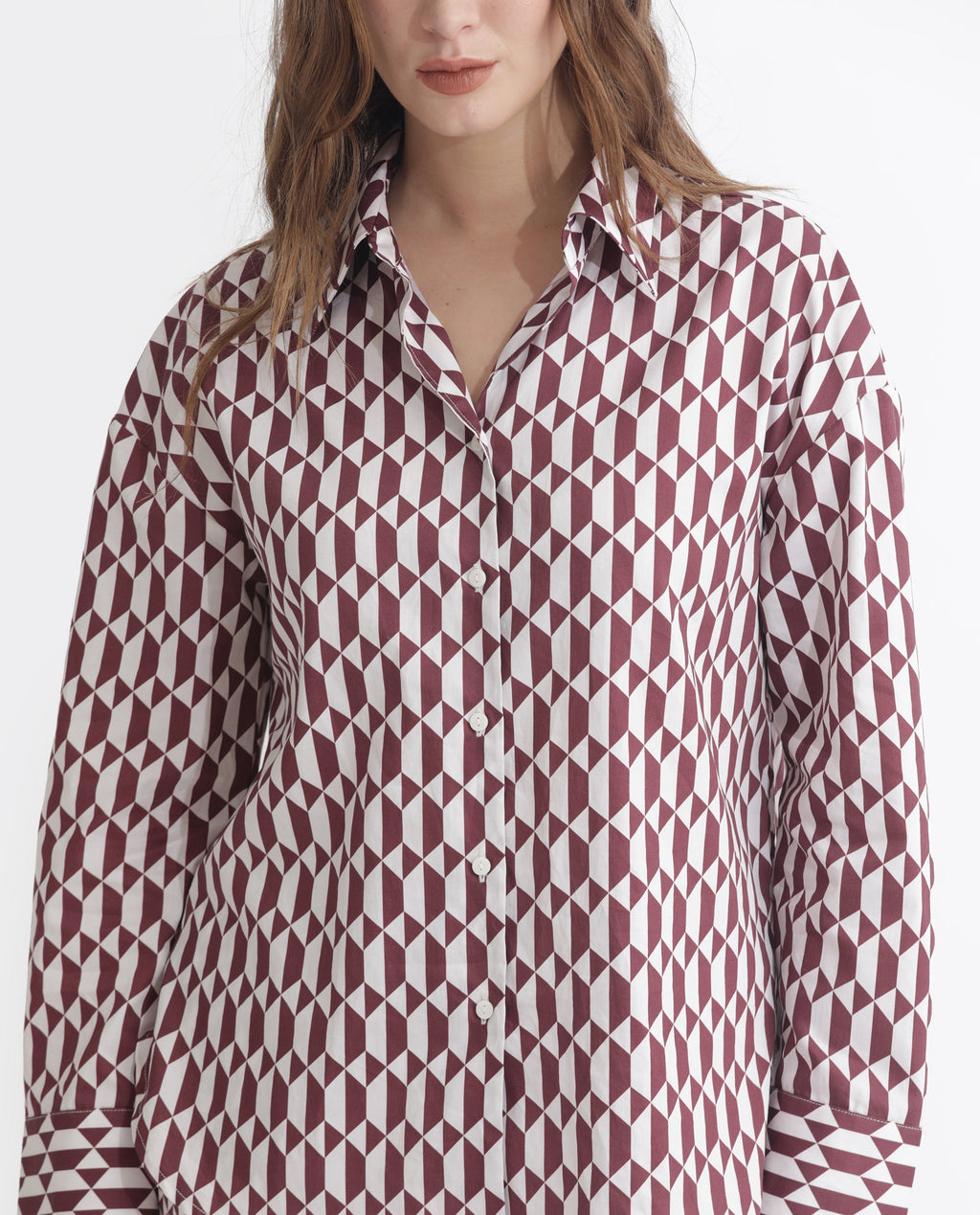 Rareism Women's Azsure-T Light Brown Cotton Spread Collar Geometric Print Cuffed Sleeve Regular Fit Top