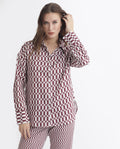 Rareism Women's Azsure-T Light Brown Cotton Spread Collar Geometric Print Cuffed Sleeve Regular Fit Top