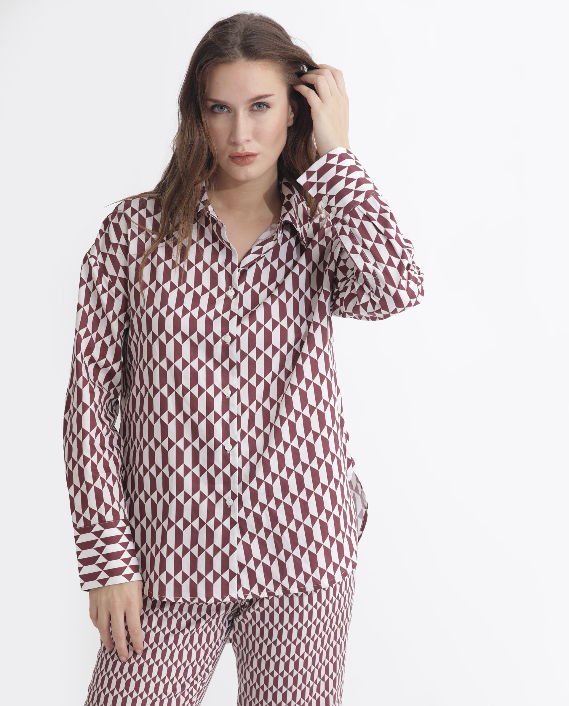 Rareism Women's Azsure-T Light Brown Cotton Spread Collar Geometric Print Cuffed Sleeve Regular Fit Top