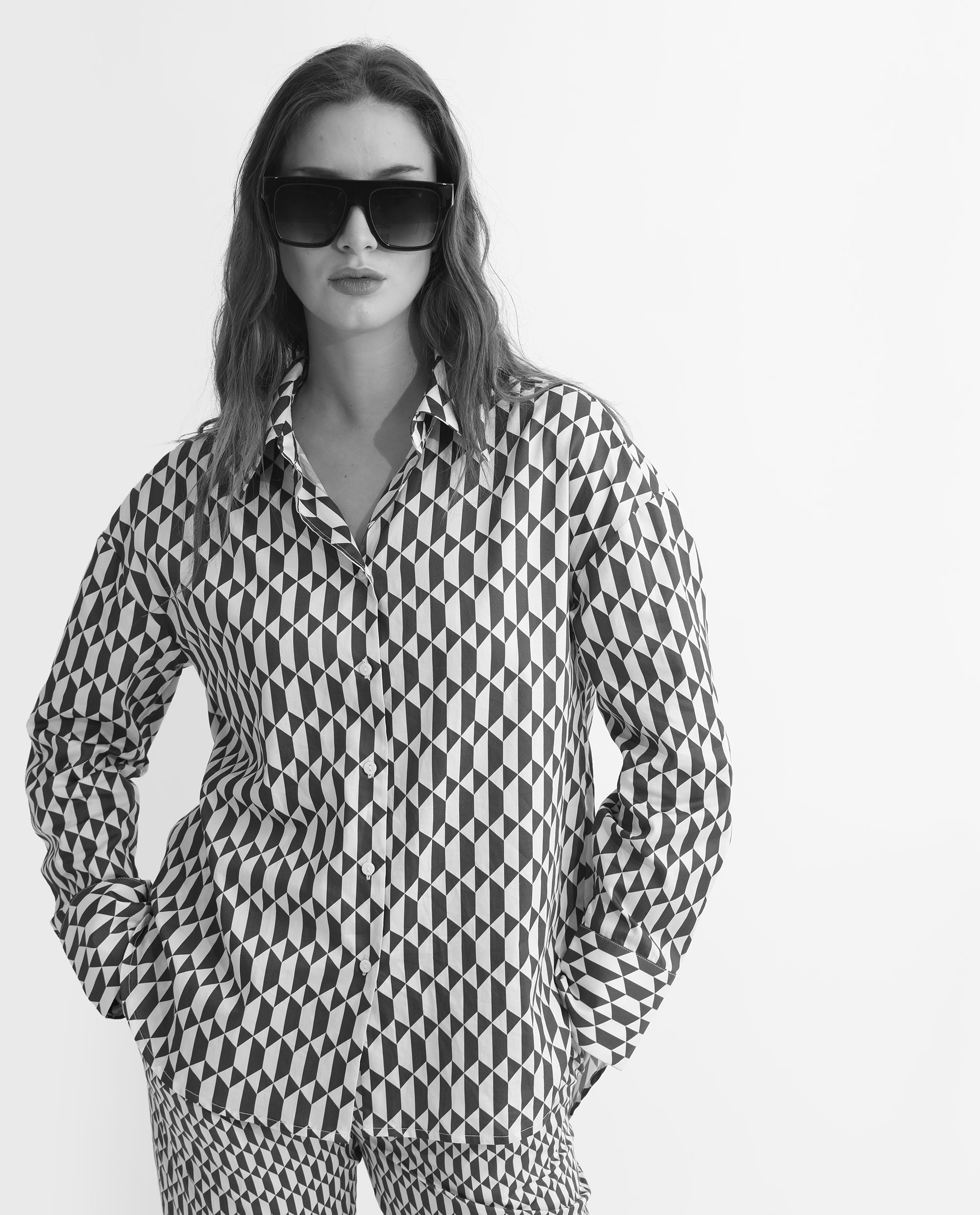 Rareism Women's Azsure-T Light Brown Cotton Spread Collar Geometric Print Cuffed Sleeve Regular Fit Top