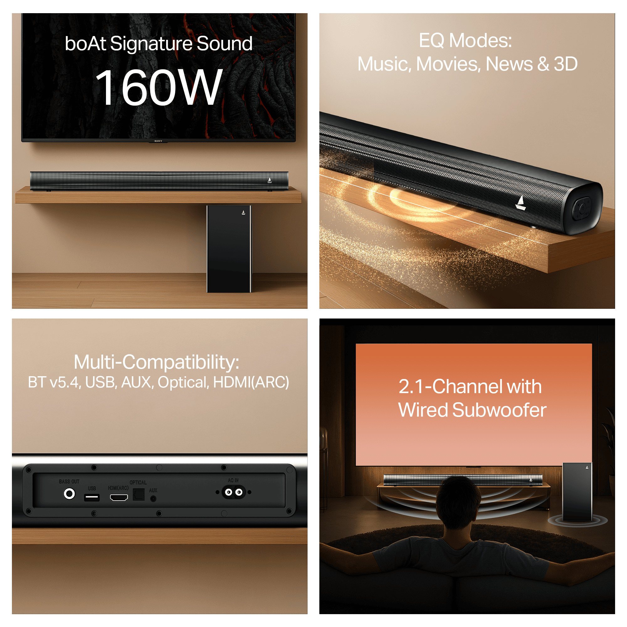 boAt Aavante Aura Plus | 160W 2.1 Channel Soundbar with Bluetooth v5.4, EQ Modes & Master Remote