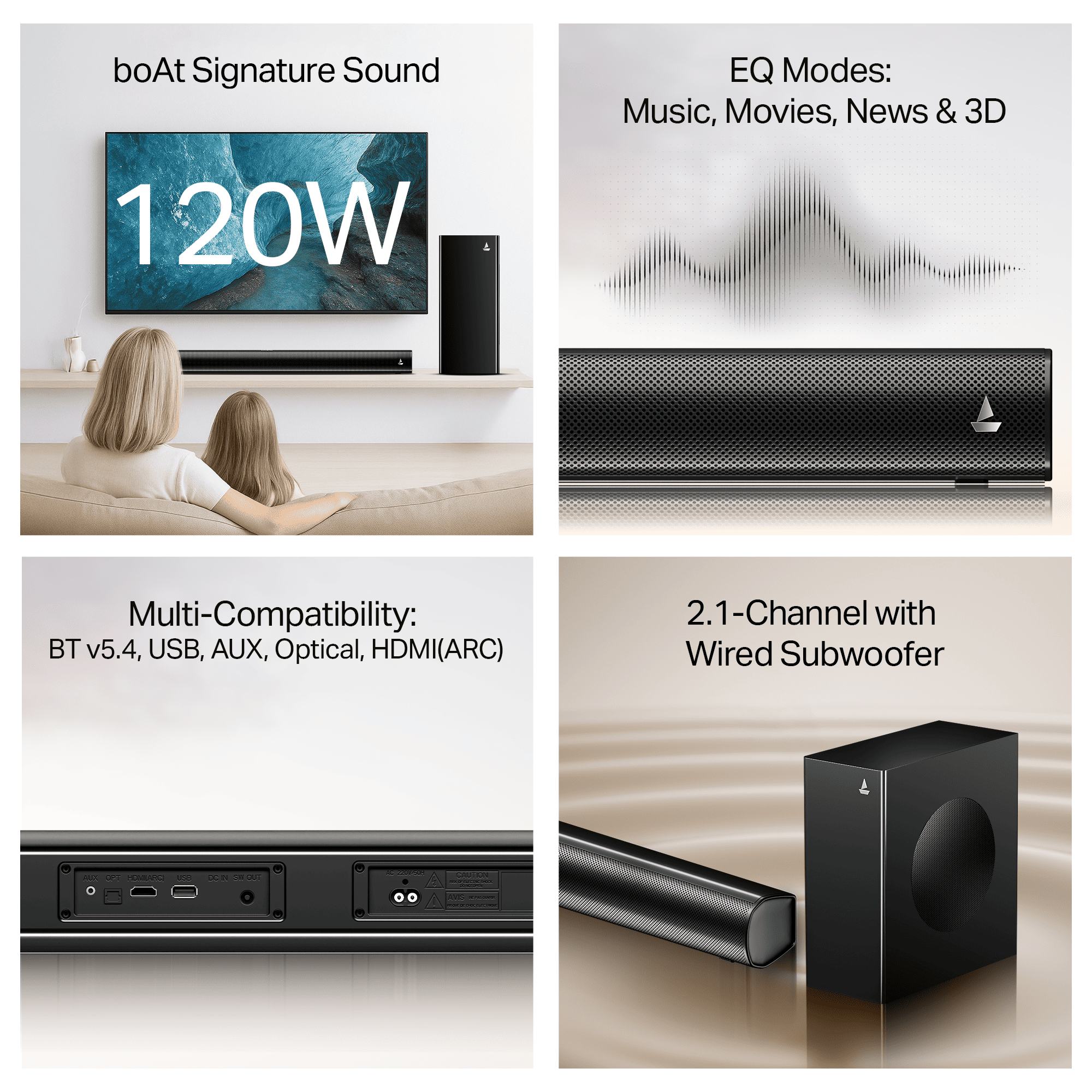 boAt Aavante 2.1 1200 | 120W 2.1 Channel Soundbar with Bluetooth v5.4, EQ Modes & Master Remote