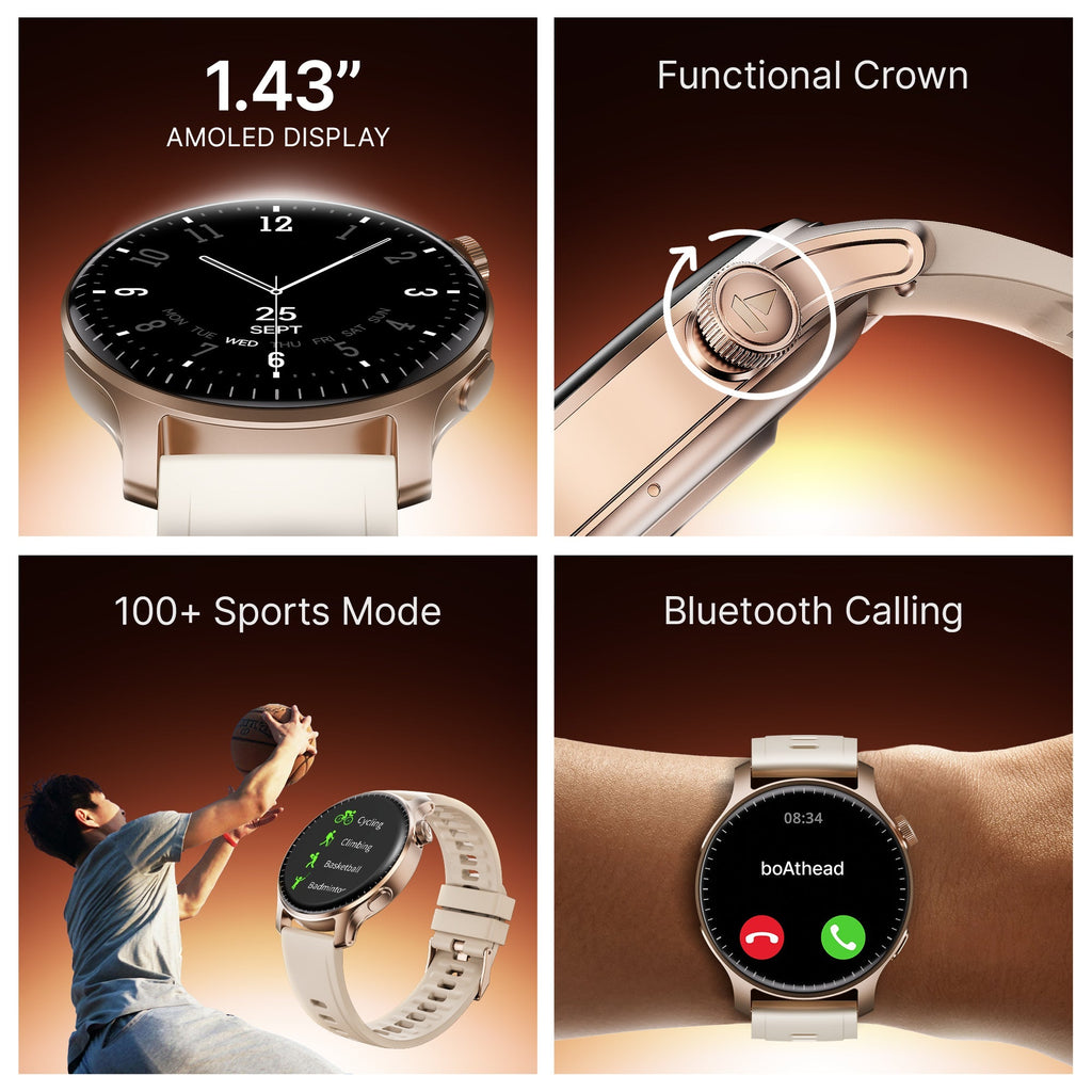 boAt Ultima Prime | Smartwatch with 1.43" AMOLED Display, Cloud Watch Faces, Emergency SOS, BT Calling, Functional Crown