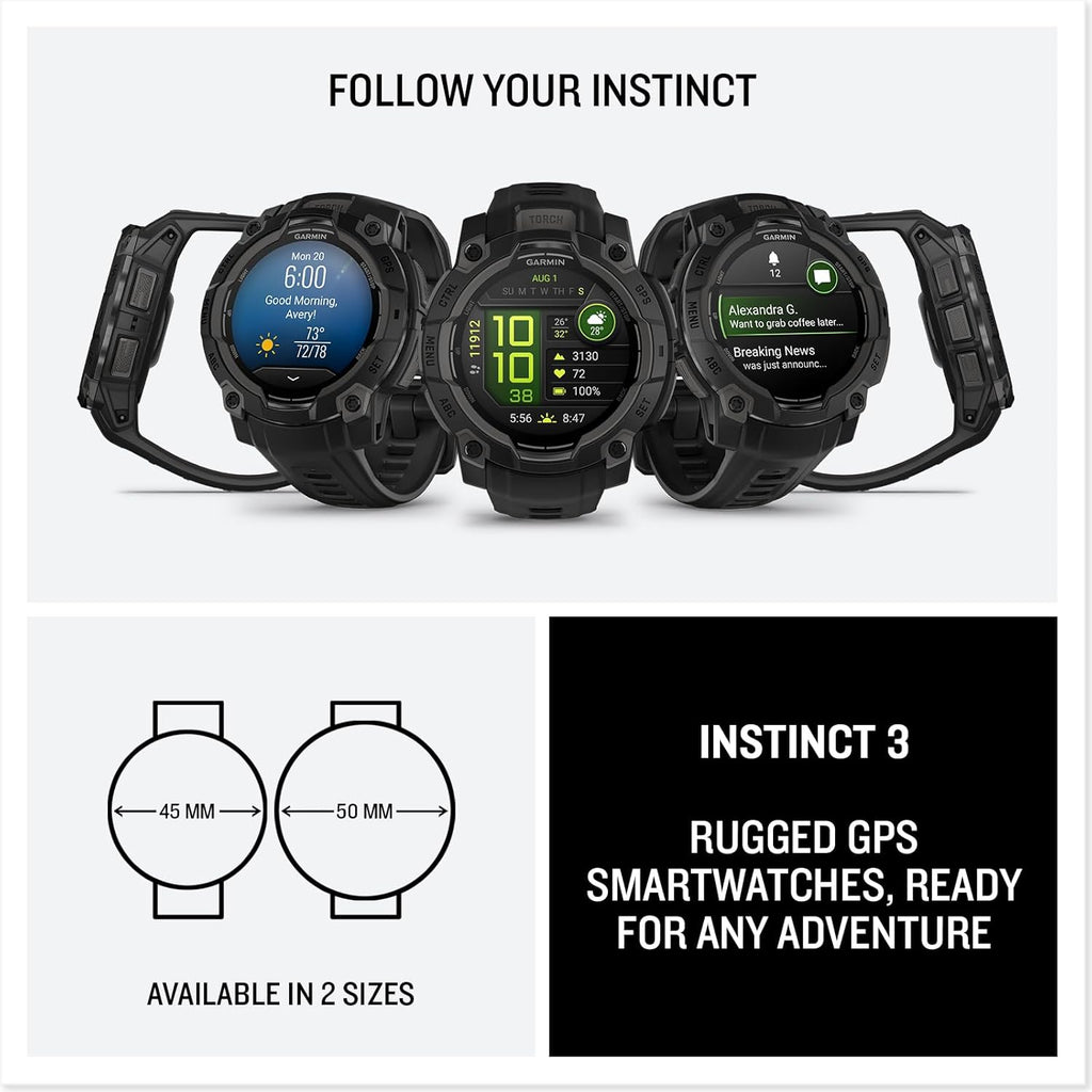 Garmin Instinct® 3, AMOLED Display, Rugged Outdoor GPS Smartwatch, Metal-Reinforced Bezel, Built-in Flashlight, Up to 18 Days of Battery Life, Black