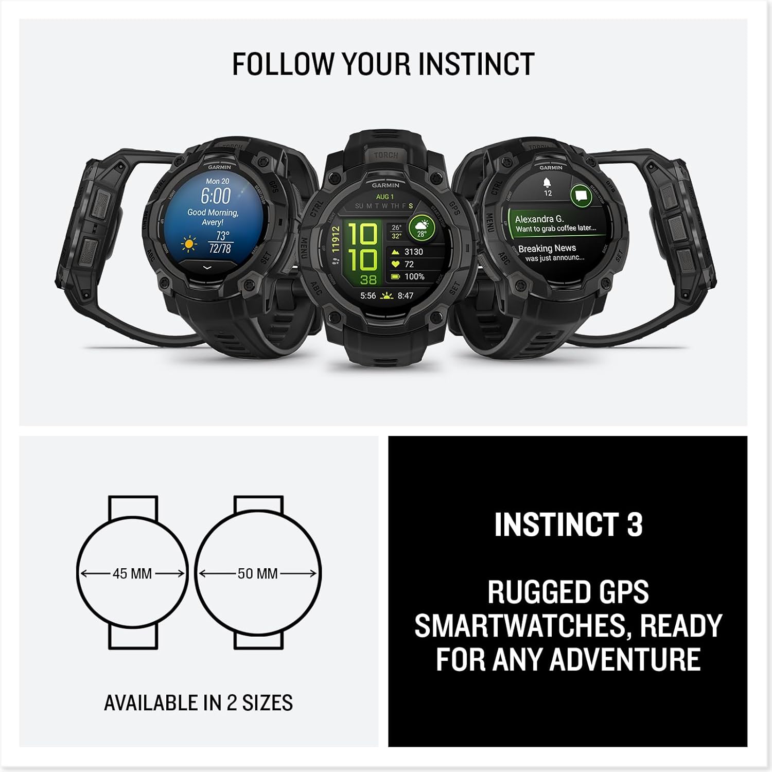 Garmin Instinct® 3, AMOLED Display, Rugged Outdoor GPS Smartwatch, Metal-Reinforced Bezel, Built-in Flashlight, Up to 18 Days of Battery Life, Black