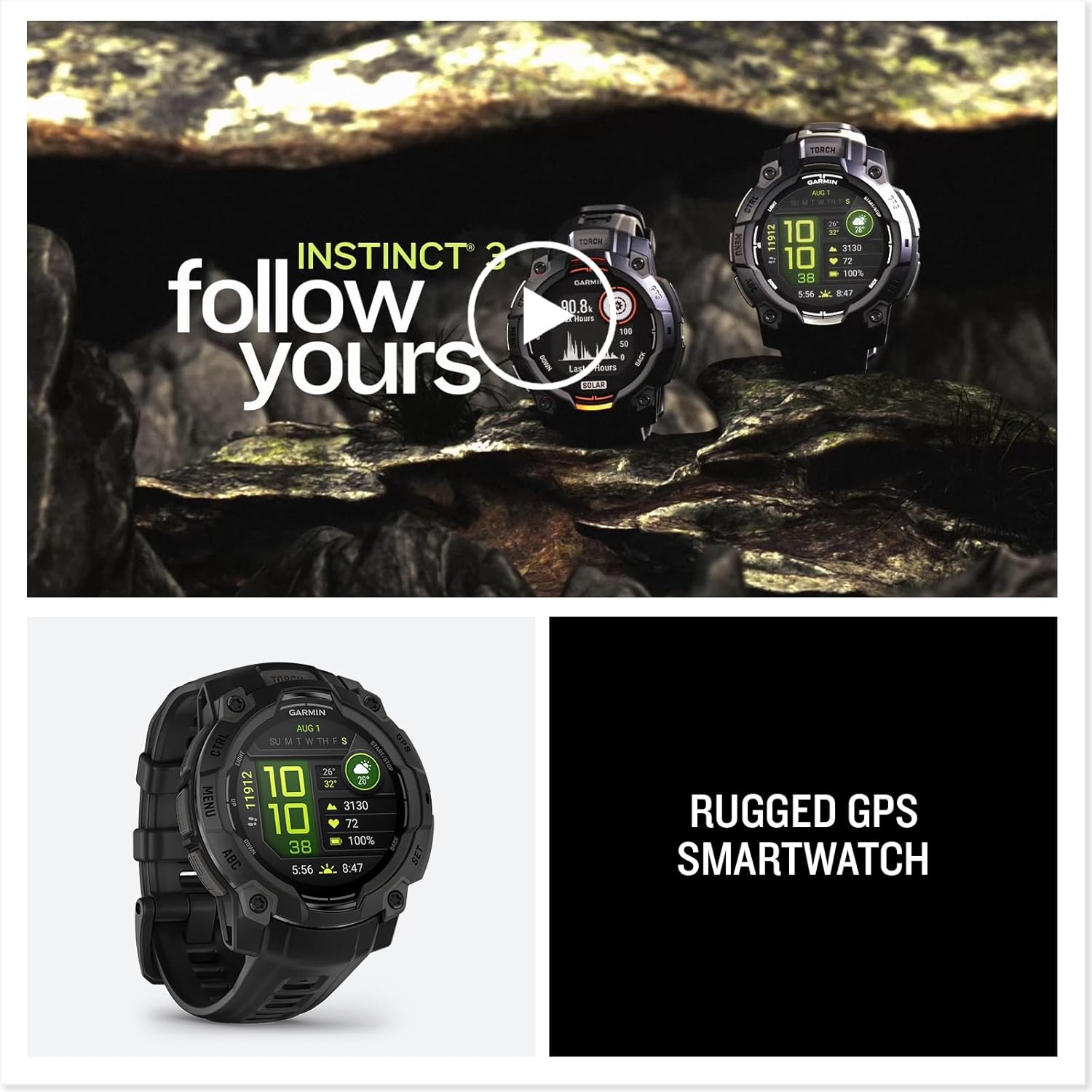 Garmin Instinct® 3, AMOLED Display, Rugged Outdoor GPS Smartwatch, Metal-Reinforced Bezel, Built-in Flashlight, Up to 18 Days of Battery Life, Black