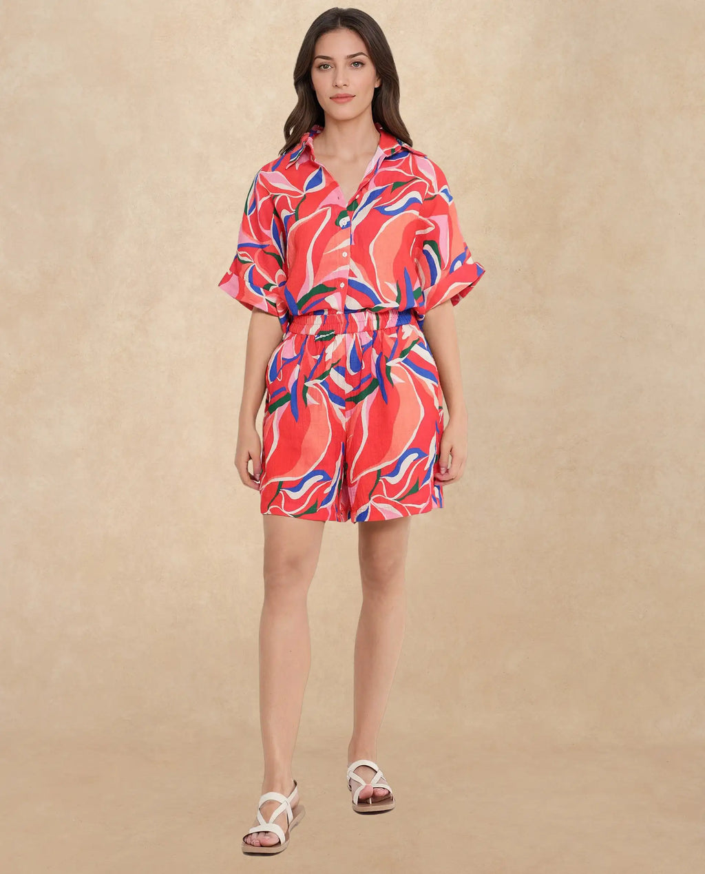 Rareism Women's Babuto-T Multi Cotton Blend Tie-Up Neck Abstract Print Extended Sleeves Regular Fit Shirt