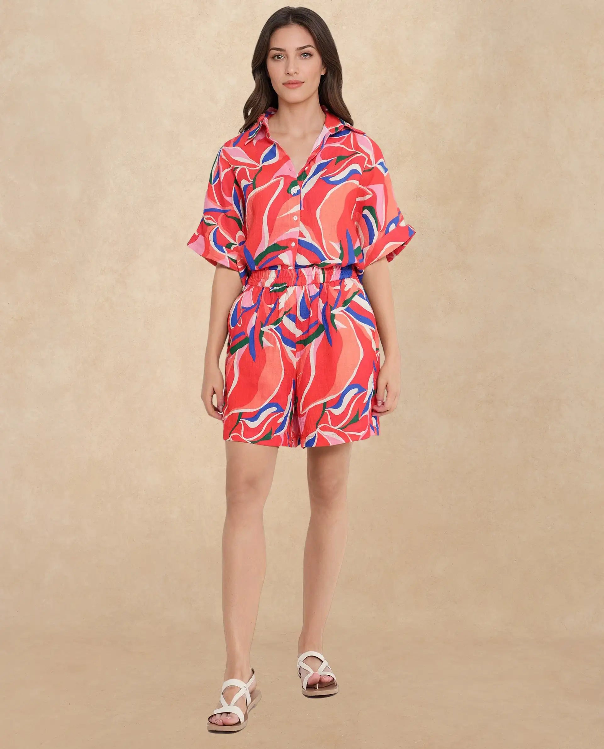 Rareism Women's Babuto-T Multi Cotton Blend Tie-Up Neck Abstract Print Extended Sleeves Regular Fit Shirt