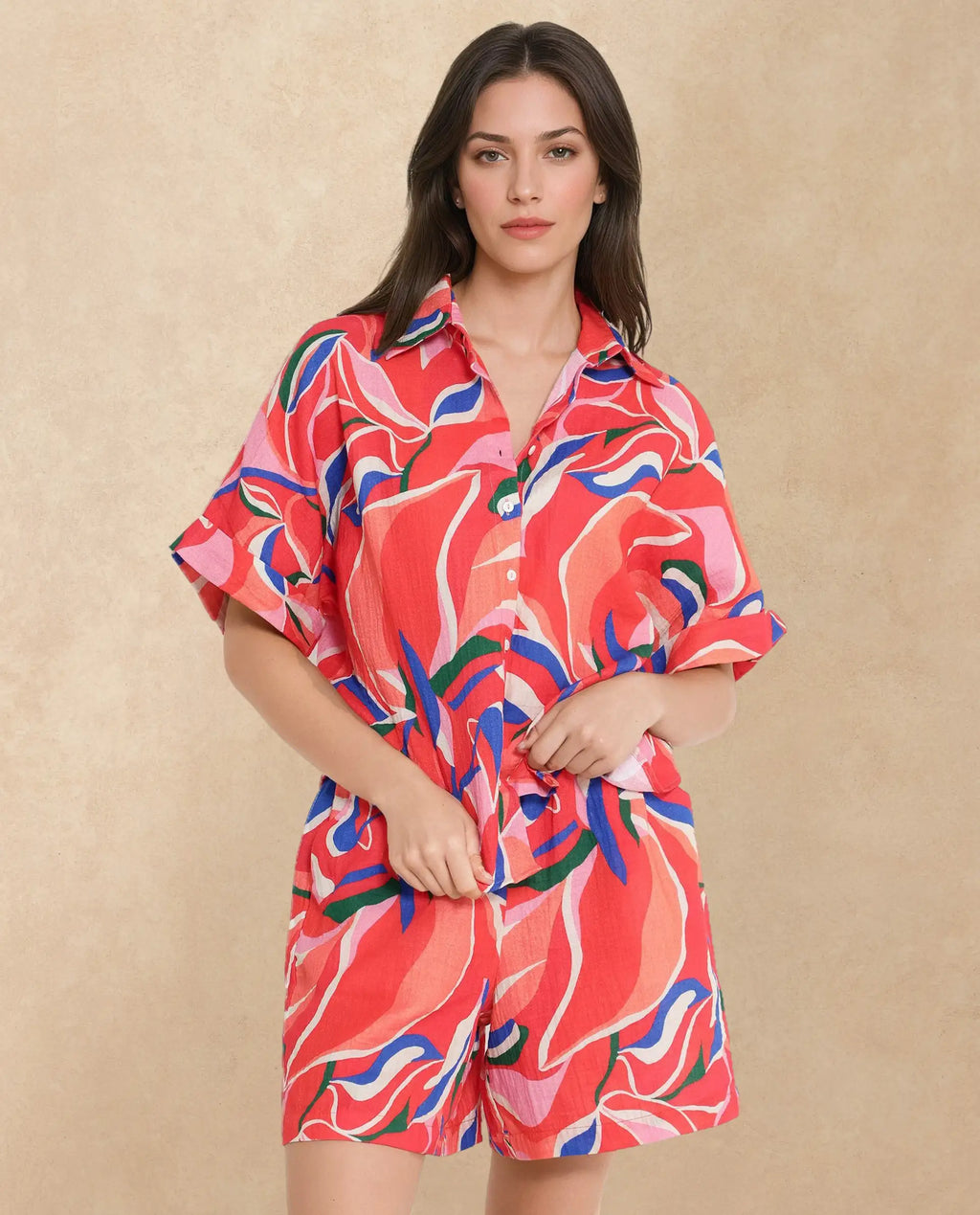 Rareism Women's Babuto-T Multi Cotton Blend Tie-Up Neck Abstract Print Extended Sleeves Regular Fit Shirt