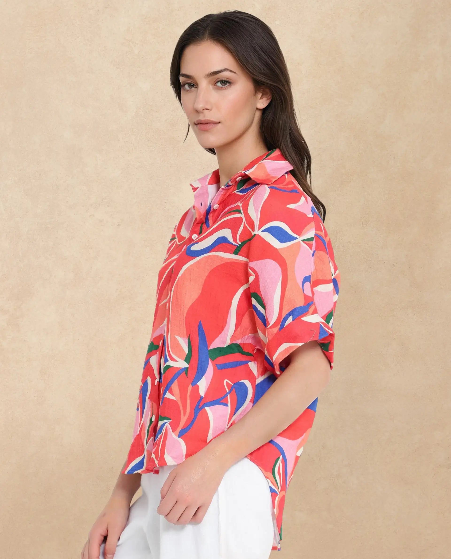 Rareism Women's Babuto-T Multi Cotton Blend Tie-Up Neck Abstract Print Extended Sleeves Regular Fit Shirt