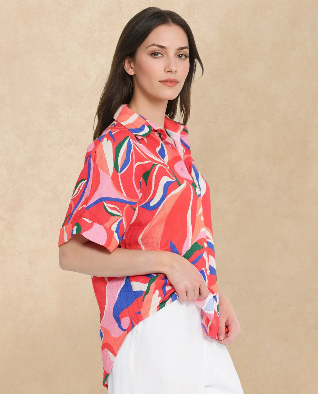 Rareism Women's Babuto-T Multi Cotton Blend Tie-Up Neck Abstract Print Extended Sleeves Regular Fit Shirt