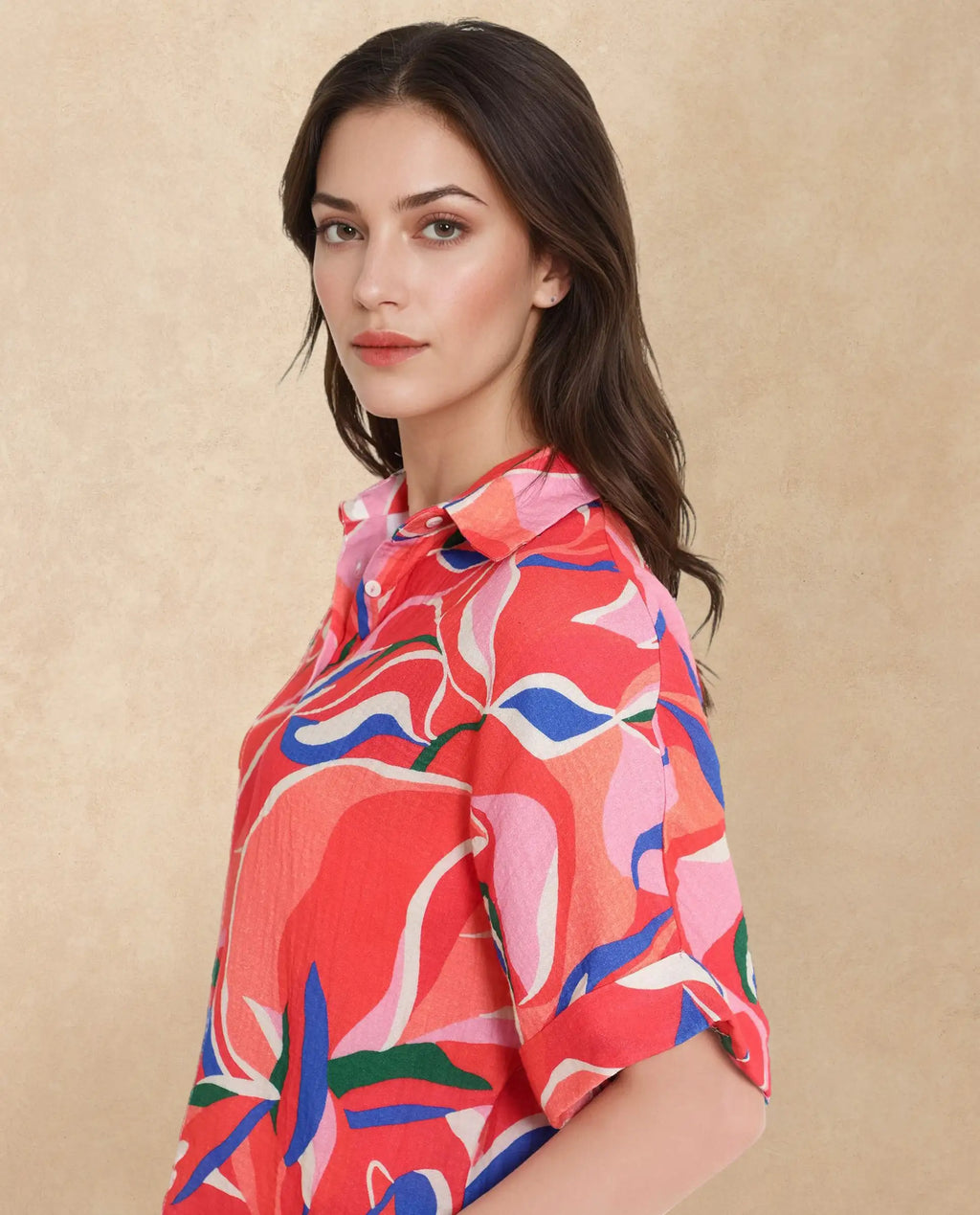 Rareism Women's Babuto-T Multi Cotton Blend Tie-Up Neck Abstract Print Extended Sleeves Regular Fit Shirt