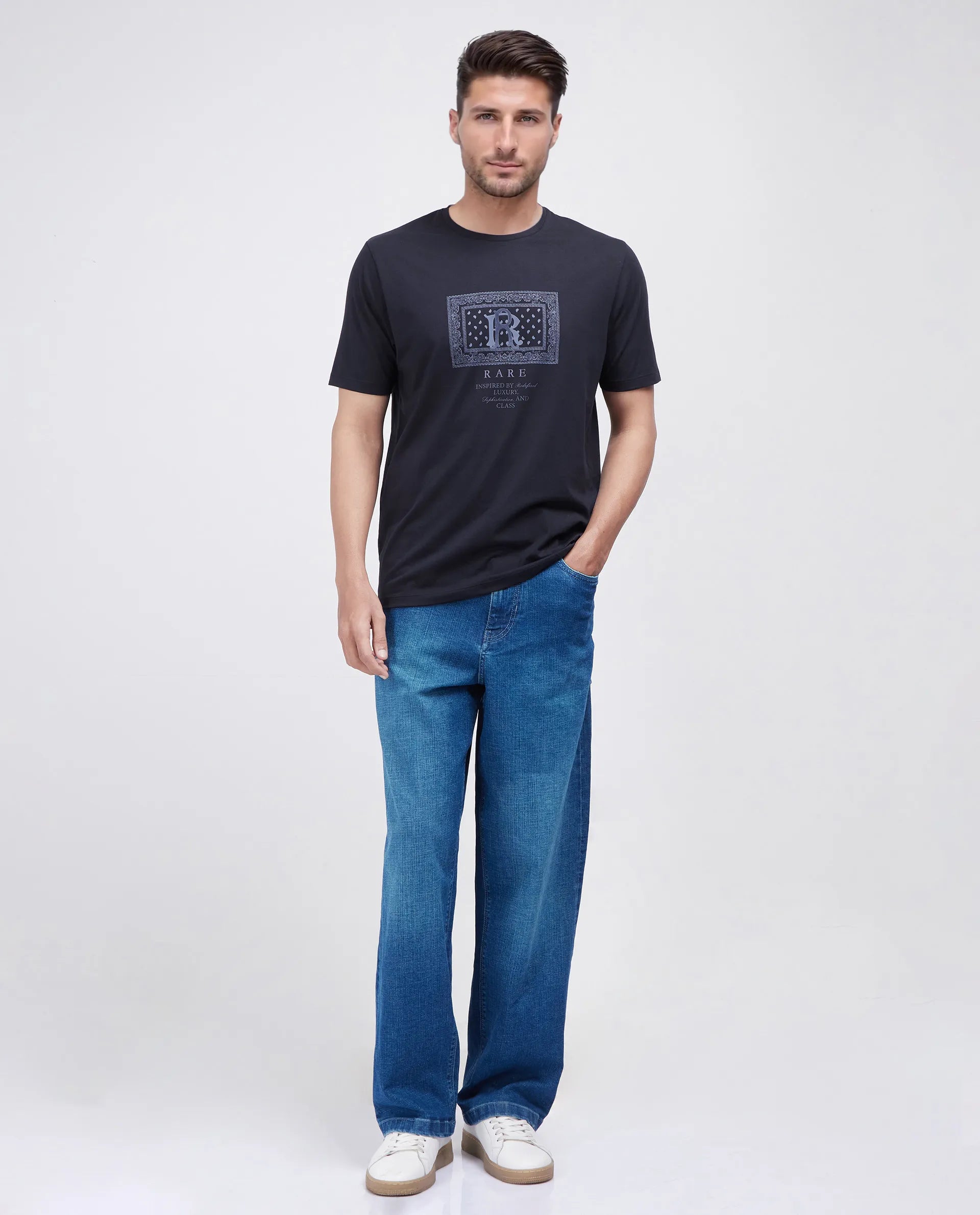 Rare Rabbit Men's Bac Dark Navy Cotton Blend Graphic Print Regular Fit Half Sleeve Crew Neck T-Shirt