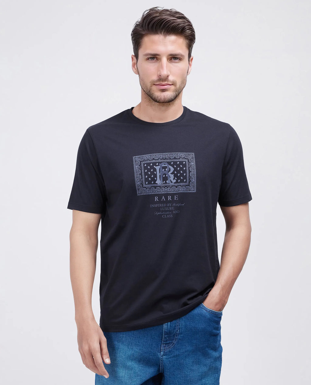 Rare Rabbit Men's Bac Dark Navy Cotton Blend Graphic Print Regular Fit Half Sleeve Crew Neck T-Shirt