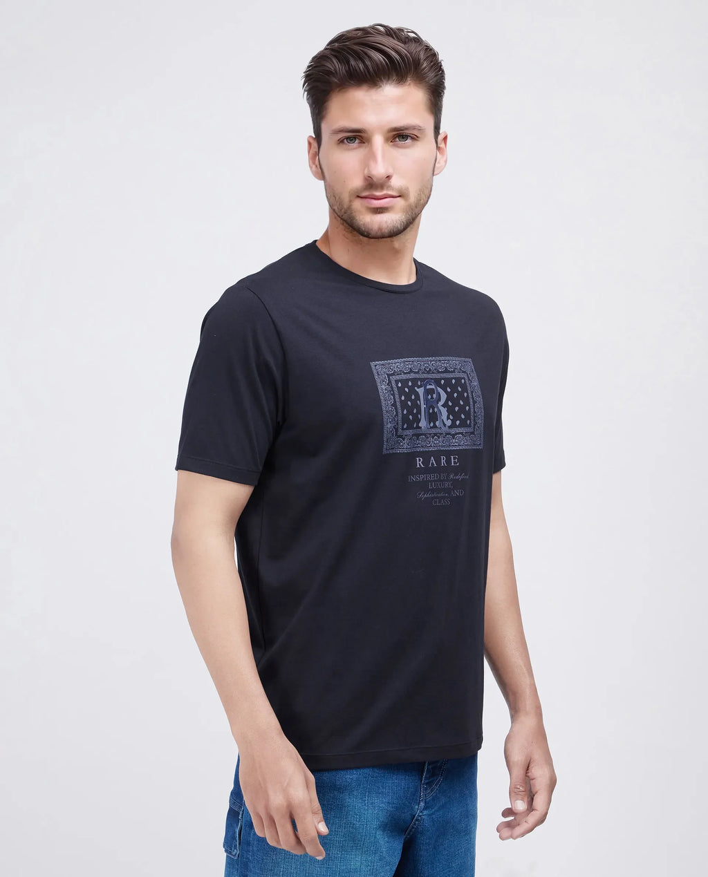 Rare Rabbit Men's Bac Dark Navy Cotton Blend Graphic Print Regular Fit Half Sleeve Crew Neck T-Shirt