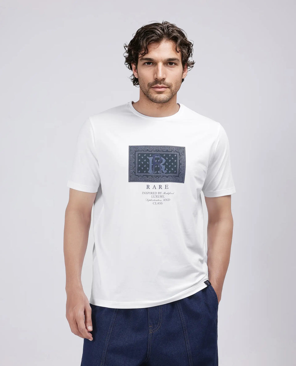 Rare Rabbit Men's Bac White Cotton Blend Graphic Print Regular Fit Half Sleeve Crew Neck T-Shirt