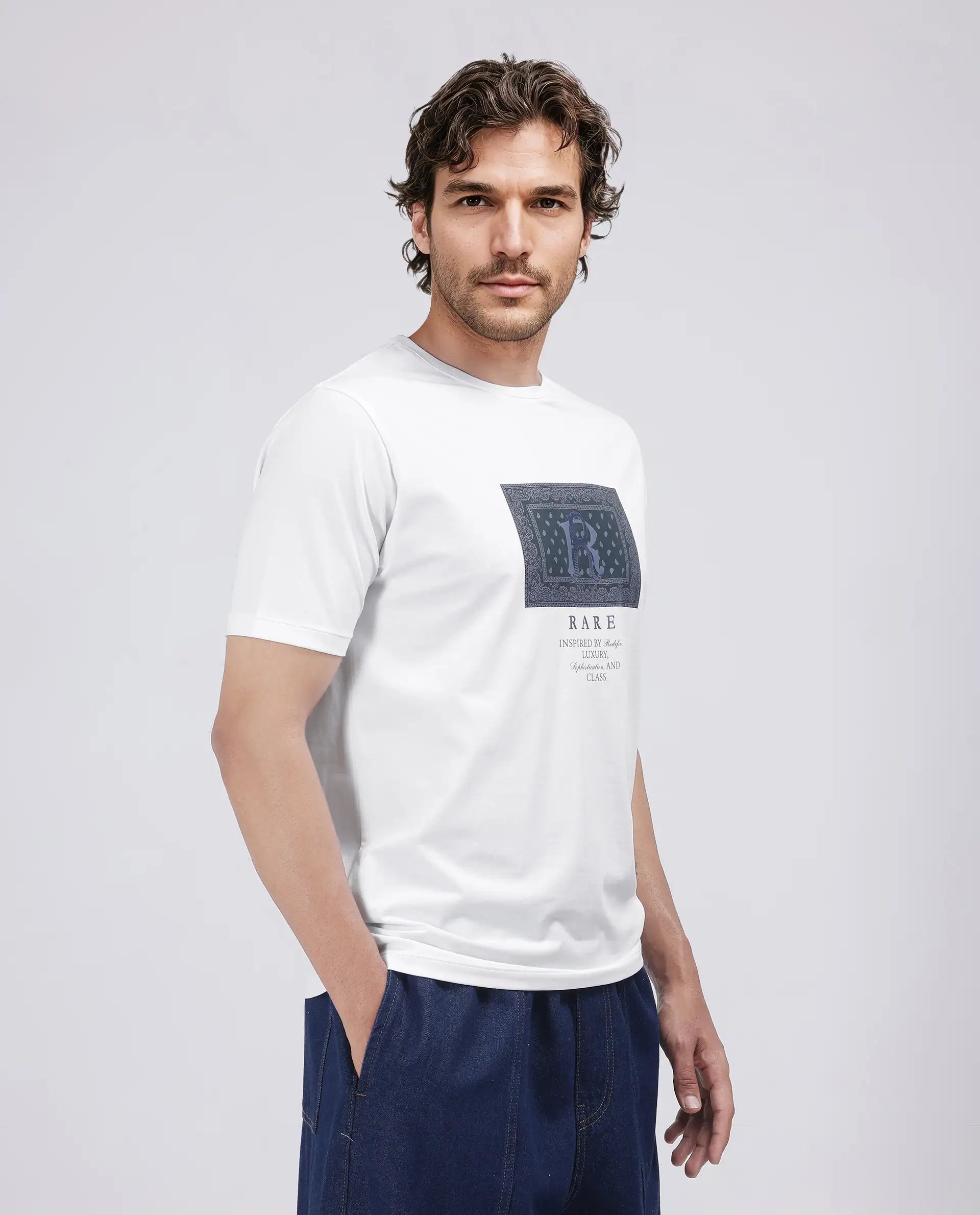 Rare Rabbit Men's Bac White Cotton Blend Graphic Print Regular Fit Half Sleeve Crew Neck T-Shirt
