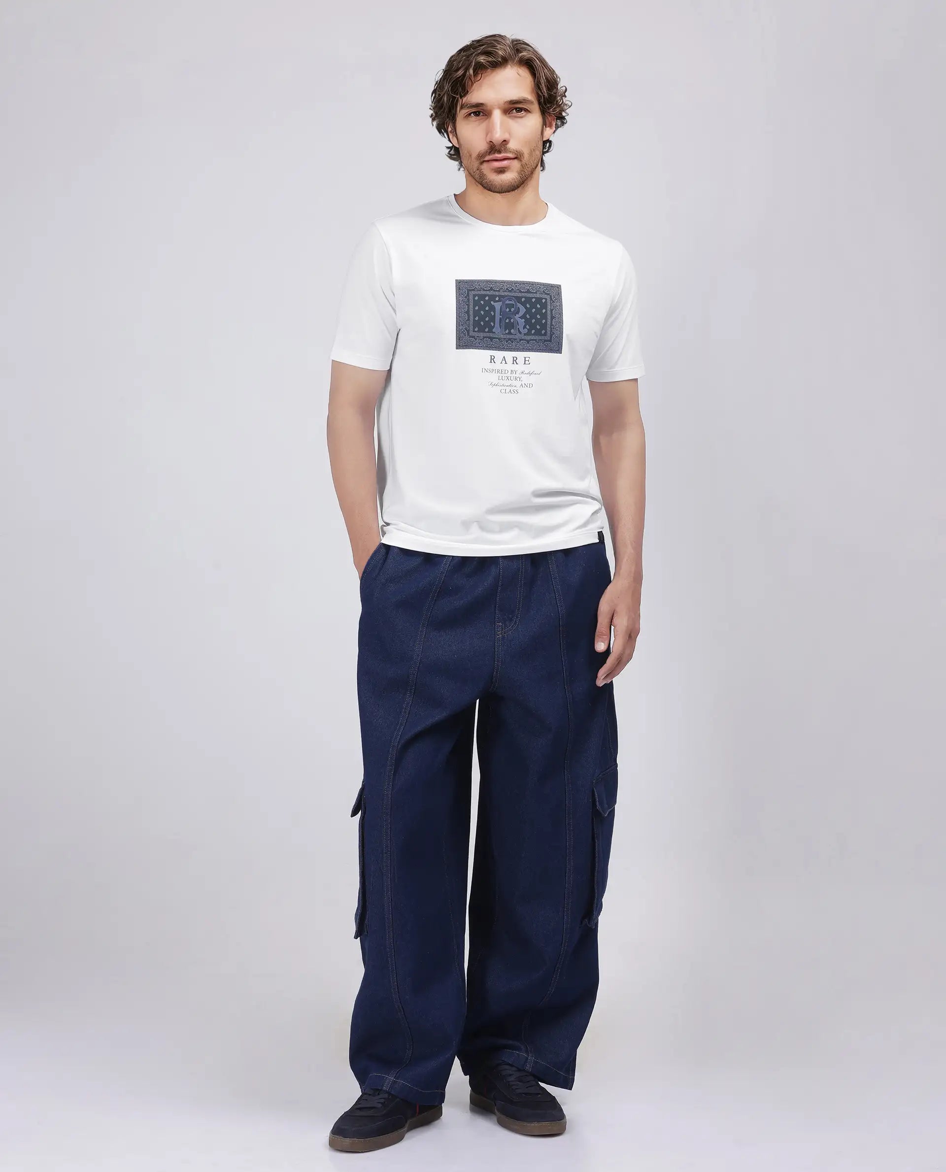 Rare Rabbit Men's Bac White Cotton Blend Graphic Print Regular Fit Half Sleeve Crew Neck T-Shirt