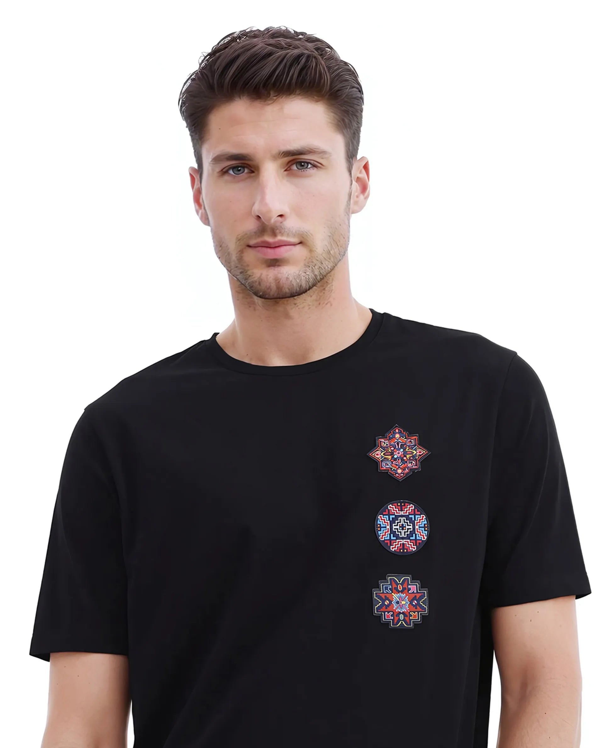 Rare Rabbit Men's Bale Black Cotton Graphic Print Relaxed Fit Half Sleeve Crew Neck T-Shirt