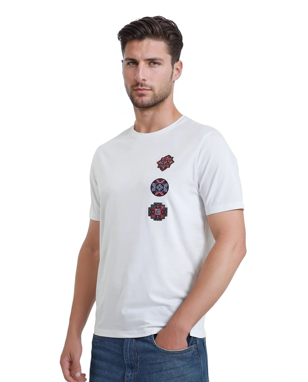 Rare Rabbit Men's Bale White Cotton Graphic Print Relaxed Fit Half Sleeve Crew Neck T-Shirt