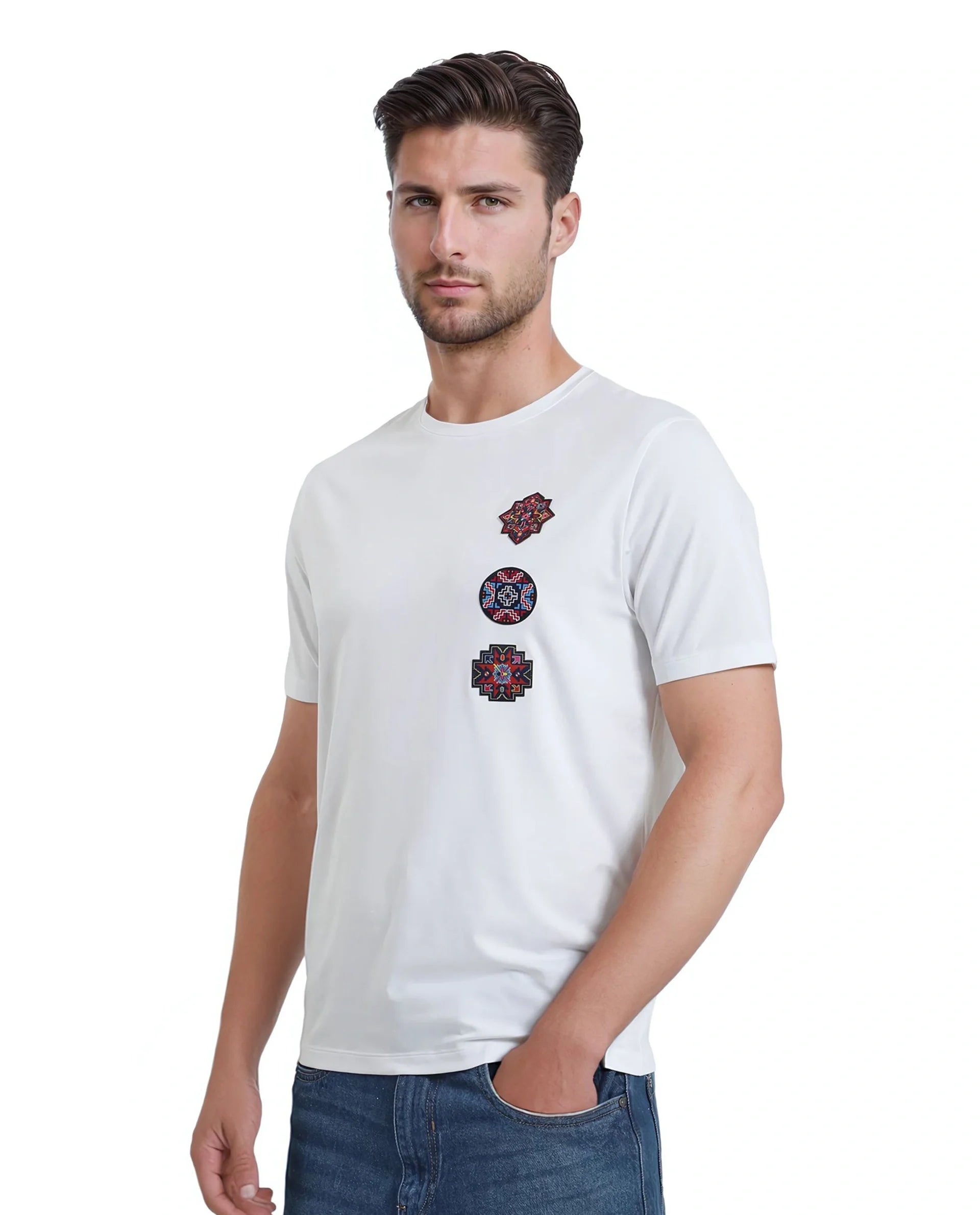 Rare Rabbit Men's Bale White Cotton Graphic Print Relaxed Fit Half Sleeve Crew Neck T-Shirt