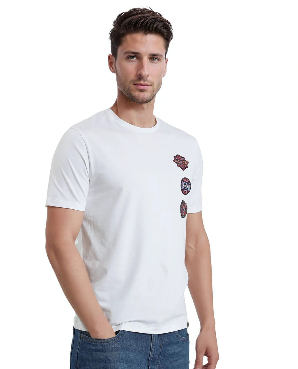 Rare Rabbit Men's Bale White Cotton Graphic Print Relaxed Fit Half Sleeve Crew Neck T-Shirt