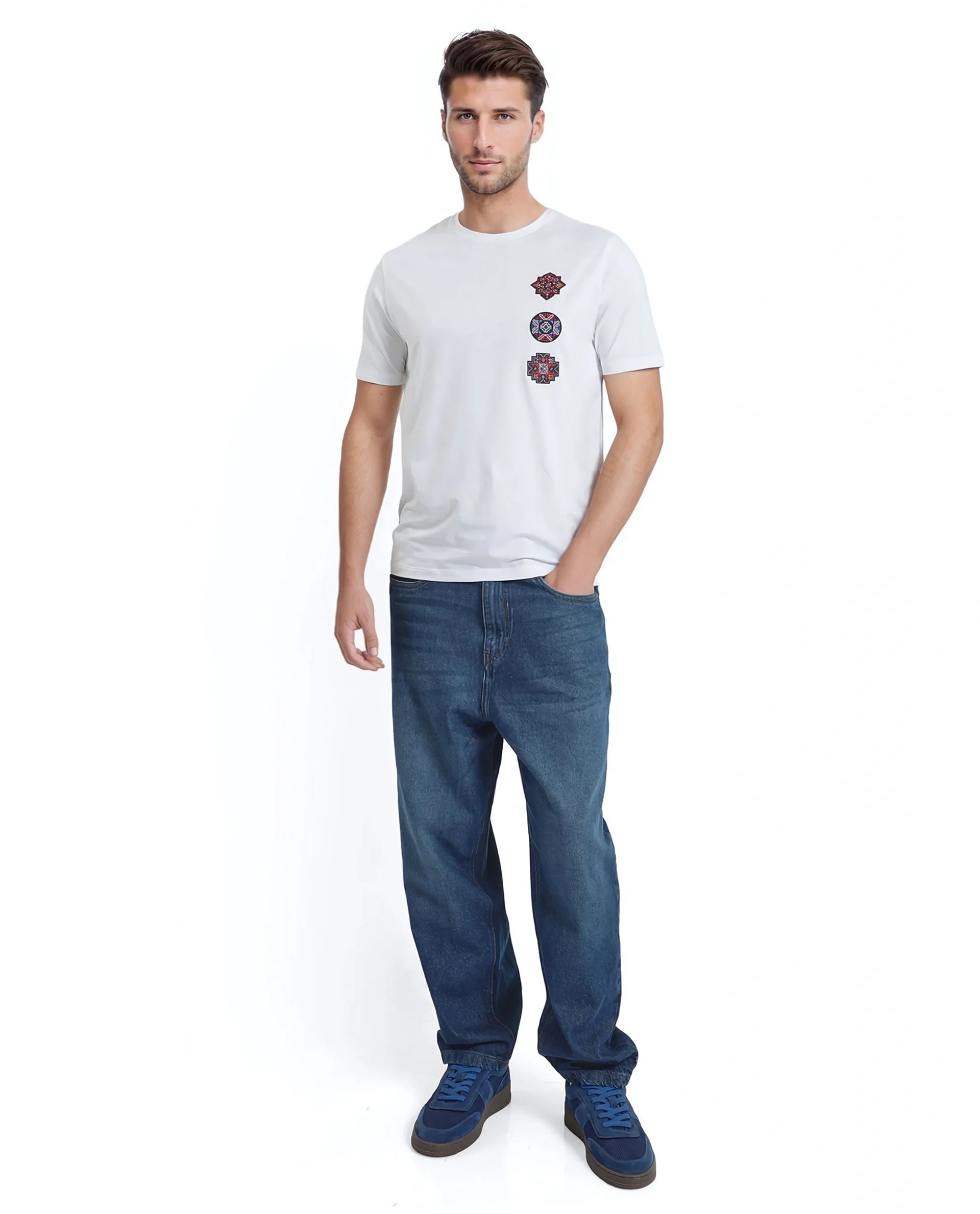 Rare Rabbit Men's Bale White Cotton Graphic Print Relaxed Fit Half Sleeve Crew Neck T-Shirt
