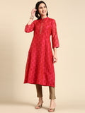 Women's Pink Mandarin Collar Ethnic Printed A-Line Kurta