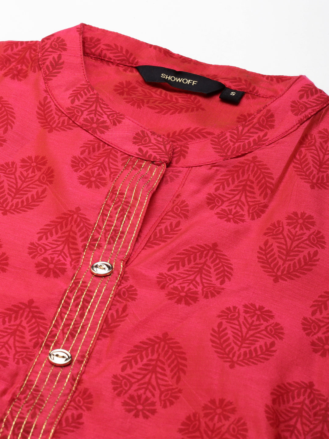 Women's Pink Mandarin Collar Ethnic Printed A-Line Kurta