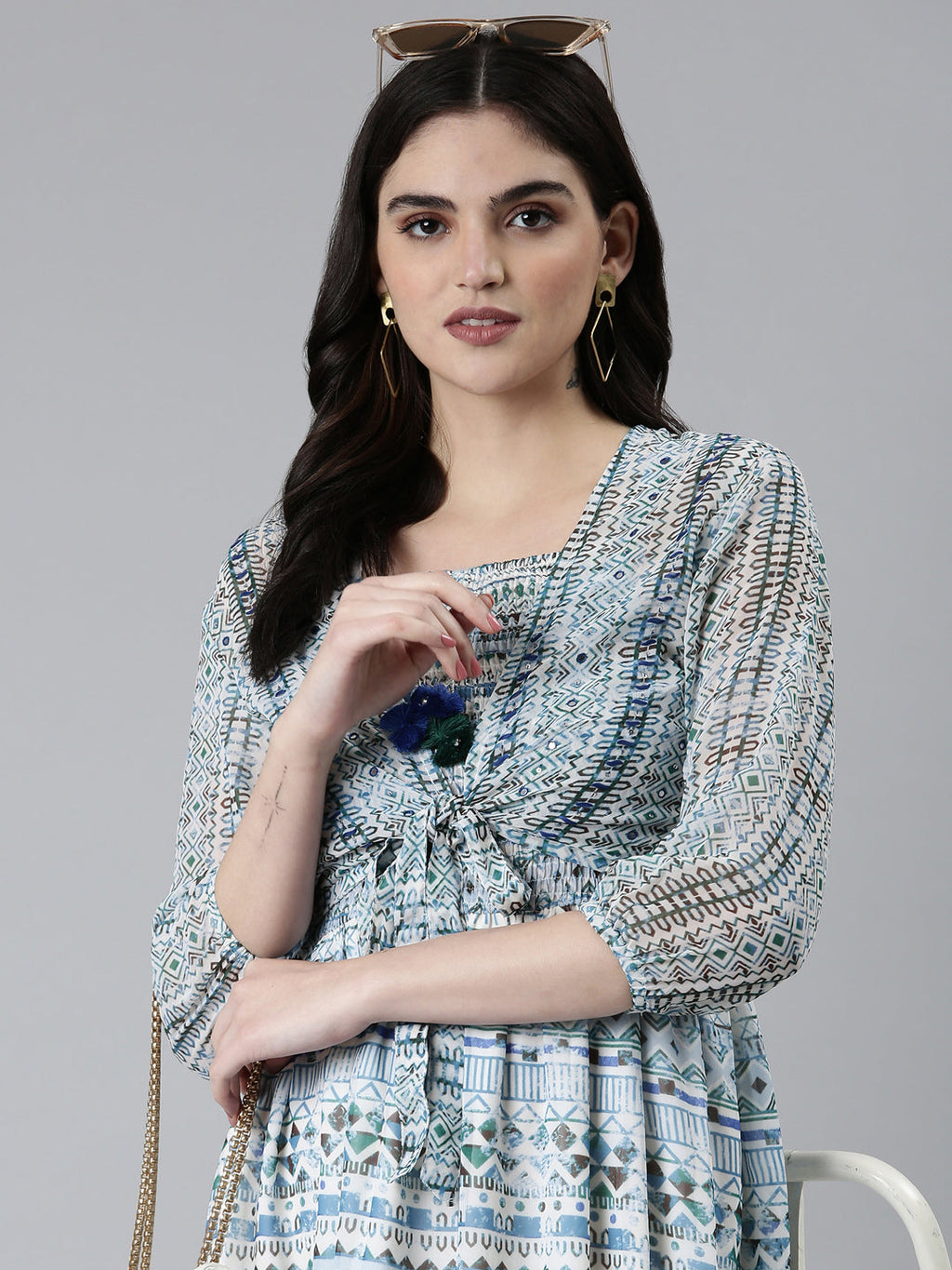 Women's Blue Tribal Printed Shoulder Straps Fit & Flare Dress With Shrug