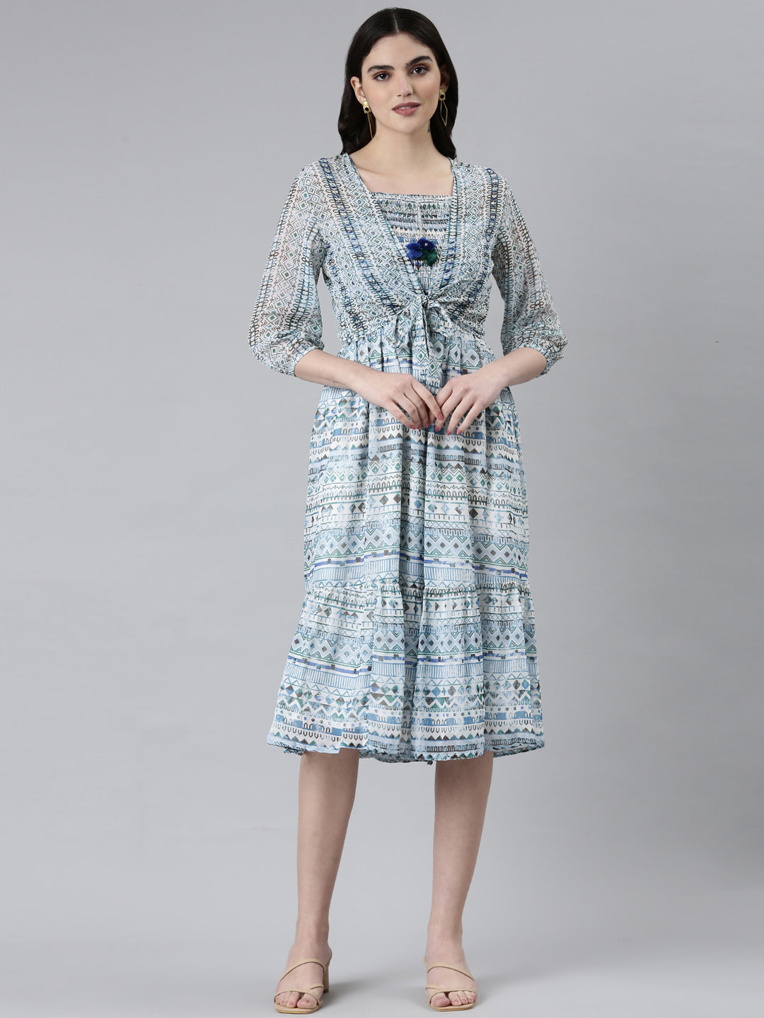 Women's Blue Tribal Printed Shoulder Straps Fit & Flare Dress With Shrug