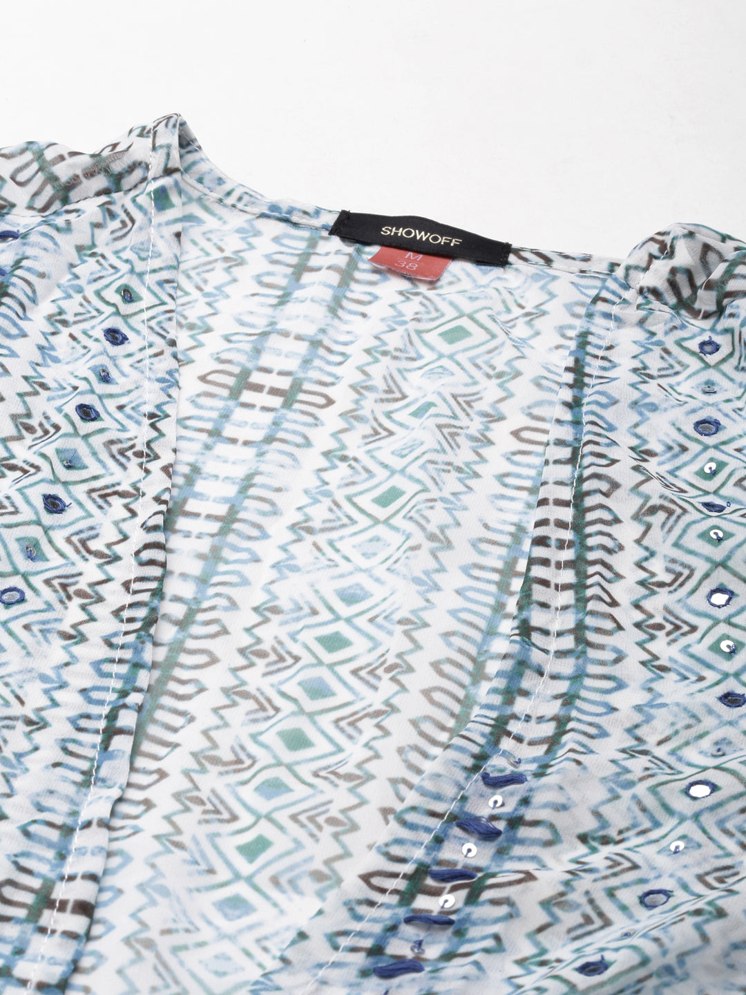 Women's Blue Tribal Printed Shoulder Straps Fit & Flare Dress With Shrug